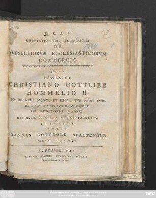 Dispvtatio Ivris Ecclesiastici De Svbselliorvm Ecclesiasticorvm Commercio