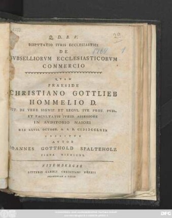 Dispvtatio Ivris Ecclesiastici De Svbselliorvm Ecclesiasticorvm Commercio