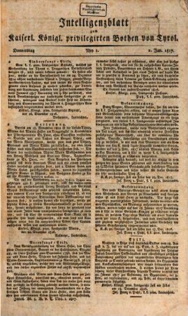 Kaiserlich-Königlich privilegirter Bothe von und für Tirol und Vorarlberg. 1817 = Intelligenzblatt zum Kaiserl. Königl. privilegirten Bothen von Tyrol