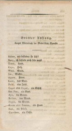 Dritter Anhang. Kurzes Wörterbuch der Malajischen Sprache
