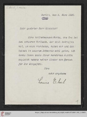 Korrespondenz Louise Ebert/Gustav Radbruch: Brief von Louise Ebert an Gustav Radbruch