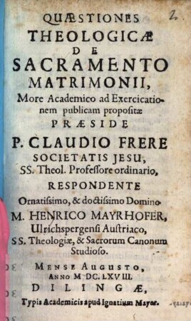 Quaestiones theologicae de sacramento matrimonii