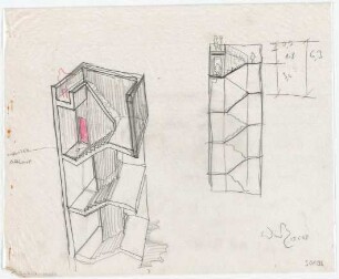 Schneider - Esleben, Paul; Erkrath - Hochdahl, Sedentaler Str. 110; Hochdahlhaus - Entwurf: Treppenturm (Querschnitt; Perspektivischer Schnitt)