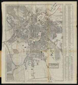 Stadtplan von Leipzig , 1:7 000, Lithographie, 1886 : Leipzig / gestochen von Wilh. Brückner . - 1:7 000. - Leipzig : Fritzsche, 1886. - 1 Kt. : mehrfarb.. - Mit Straßenverz. u.Gebäudekennung