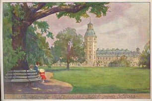 Postkartenalbum. "Karlsruhe - Schlosspark - Blick gegen Schloss". Schloss und Schlosspark