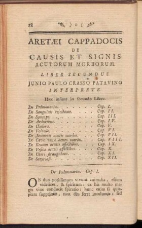Aretaei Cappadocis De Causis Et Signis Auctorum Morborum Liber Secundus