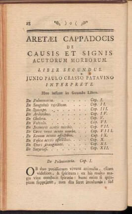 Aretaei Cappadocis De Causis Et Signis Auctorum Morborum Liber Secundus