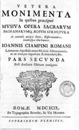 Ciampini, Giovanni Giustino: Vetera monumenta, Bd. 2, Rom 1699, Frontispiz