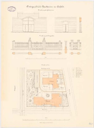 Amtsgerichtliche Neubauten (Amtsgerichts-Gefängnis), Krefeld Umwährung: Lageplan 1:400, Grundriss, Schnitte, Ansichten, 1:50