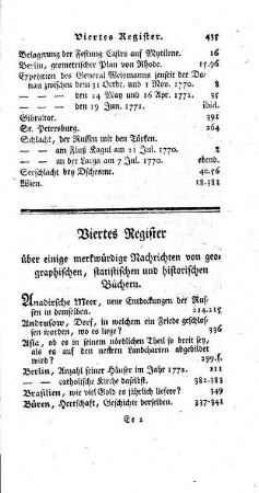 Viertes Register über einige merkwürdige Nachrichten von geographischen, statistischen und historischen Büchern