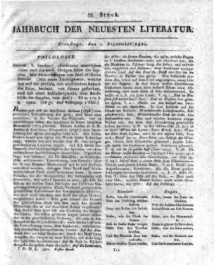 Berlin, b. Sander: Anakreons auserlesene Oden und die noch übrigen Oden der Sappho. Mit Anmerkungen von Karl Wilhelm Ramler. (Mit einer Titelvignette, welche sich auf die 3te Ode, den nächtlichen Besuch des Eros, bezieht, von Henne gestochen, und mit einer Schluss Vignette, dem Brustbilde der Sappho, von Belt.) VI u. 175 S. 8. 1801.