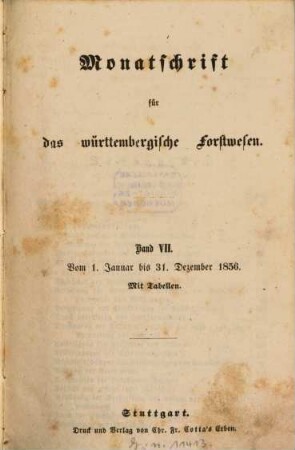Monatschrift für das württembergische Forstwesen. 7. 1856