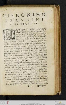Gieronimo Francini alli lettori