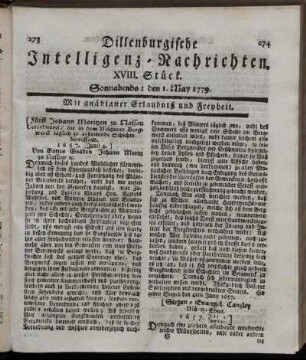 XVIII. Stück. Sonnabends: den 1. May 1779.