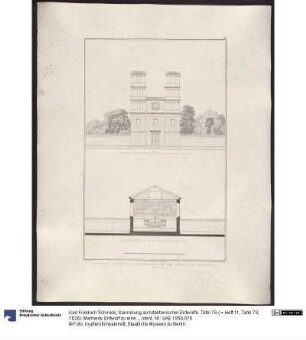 Sammlung architektonischer Entwürfe. Tafel 76 ( = Heft 11, Tafel 70, 1826): Malmedy. Entwurf zu einer Kirche. Vorderansicht und Querschnitt
