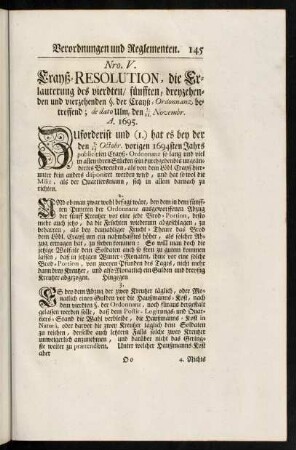 145-167, Nro. V. Crayß-Resolution, [...]. - Nro. IIX. Fouragier-Ordnung [...]