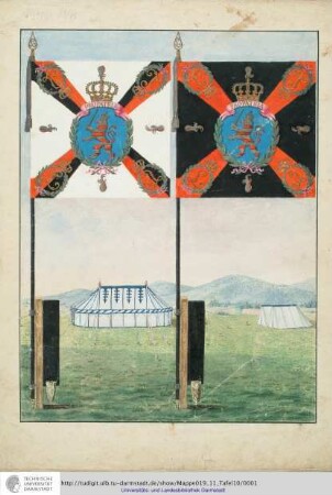Abbildung Des Gros[s]herzoglich Hessischen Militair. [Tafel 10: Leib-Regiment; Fahnen des Regiments, links die des I., rechts die des II. Bataillons]. S.l.e.a. [ca. 1813/14]