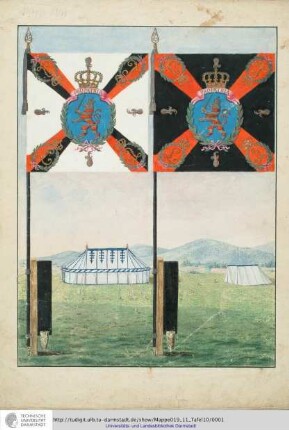 Abbildung Des Gros[s]herzoglich Hessischen Militair. [Tafel 10: Leib-Regiment; Fahnen des Regiments, links die des I., rechts die des II. Bataillons]. S.l.e.a. [ca. 1813/14]