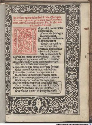 Kalendarium : mit Gedicht auf Regiomontanus von Jacobus Sentinus und an den Leser von Johannes Lucilius Santritter
