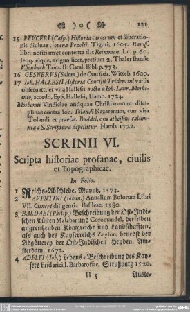 Scrinii VI. Scripta historiae profanae, civilis et Topographicae