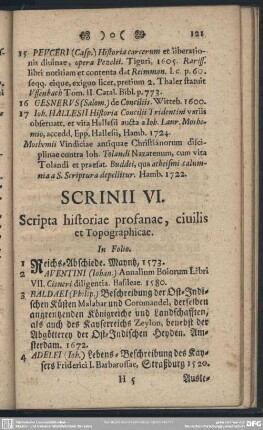 Scrinii VI. Scripta historiae profanae, civilis et Topographicae