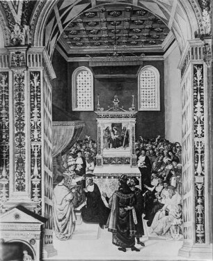 Ausmalung der Libreria Piccolomini — Leben des Enea Silvio Piccolomini, des späteren Pius II. — Erhebung Enea S. Piccolominis zum Kardinal durch Papst Calixt III.