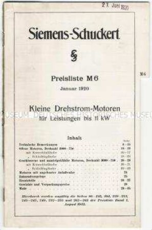Preisliste M 6 über kleine Drehstrommotoren