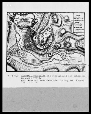 Karte der Festung und der Stadt Marburg mit Darstellung der Beschießung des Schlosses im Jahre 1759