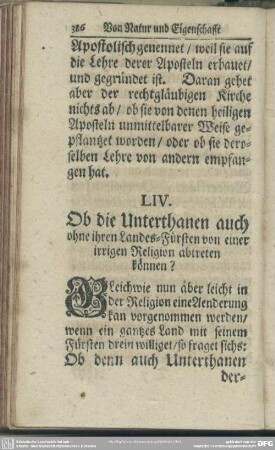 LIV. Ob die Unterthanen auch ohne ihren Landes-Fürsten von einer irrigen Religion abtreten können?