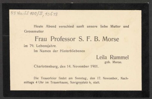 Todesanzeige Frau Professor S. F. B. Morse