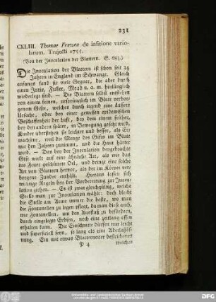 CXLIII. Thomae Frewen de insitione variolarum. Trajecti 1755. (Von der Inoculation der Blattern. S. 683.)