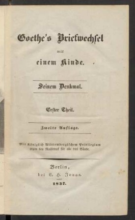 Theil 1: Goethe's Briefwechsel mit einem Kinde