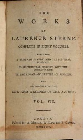 The Works Of Laurence Sterne : Complete In Eight Volumes ; With An Account Of The Life And Writings Of The Author. 8