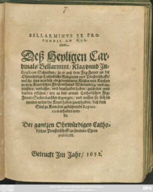 Bellarminus Ex Profundis Ad Clerum
