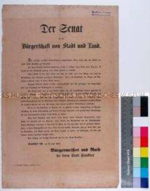 Bekanntmachung von Bürgermeister und Rat der freien Stadt Frankfurt am Main anlässlich des Ausbruchs des Deutschen Krieges