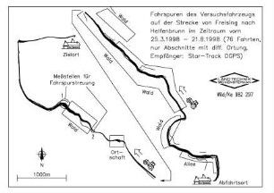 Fahrspuren des Versuchsfahrzeugs auf der Strecke von Freising nach Helfenbrunn