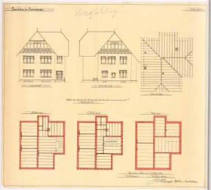 Pfarrhaus der Kirche, Brambauer: Vorder- und Seitenansicht, Sparren-, Träger- und Balkenlage 1:100