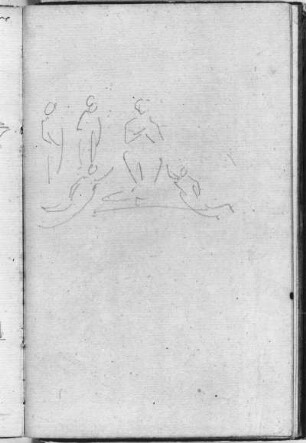 Skizze von bekrönenden Giebelfiguren : Rietschel, Ernst. Skizze von bekrönenden Giebelfiguren. Skizzenbuch E, fol. 18v. Bleistift, Bütten; 17,4 x 10,8 cm (Blattgröße). August 1830/März 1831. Privatbesitz. WVZ S. 309