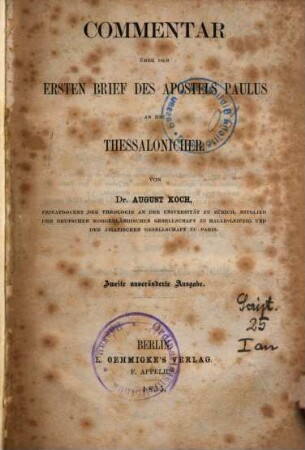 Commentar über den ersten Brief des Apostels Paulus an die Thessalonicher