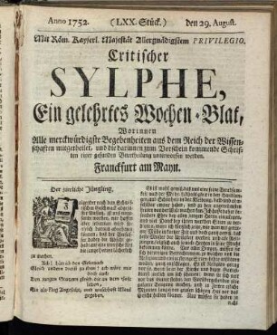 (LXX. Stück.) den 29. August. Anno 1752.