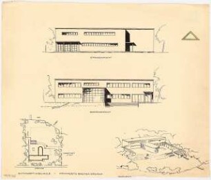 Gymnastikschule am See Monatskonkurrenz Dezember 1932: Lageplan 1:500; Aufriss Straßenansicht, Gartenansicht; perspektivische Ansicht