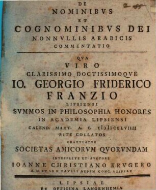 De Nominibvs Et Cognominibvs Dei Nonnvllis Arabicis Commentatio