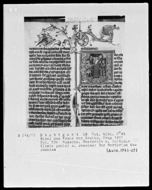 Lateinische Bibel in zwei Bänden für Franz von Gewicz — Initiale V (isio ysaie) mit dem Martyrium des Propheten Isaias, Folio 53verso