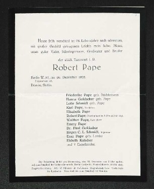 Brief von Friederike Pape, Hanna Goldacker, Paul Goldacker, Lotte Schmidt, Jürgen C. L. Schmidt, Karl Pape, Erna Pape, Elisabeth Pape, Walther Pape, Emmy Pape, Elsbeth Kutscher und Robert Pape an Gerhart Hauptmann