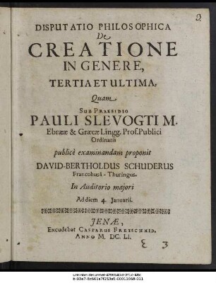 Disputatio Philosophica De Creatione In Genere, Tertia Et Ultima