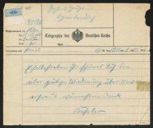 Brief von Harry Kessler an Gerhart Hauptmann