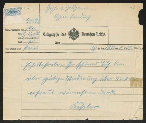 Brief von Harry Kessler an Gerhart Hauptmann