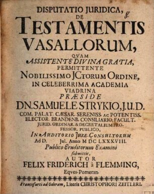 Disputatio Juridica, De Testamentis Vasallorum