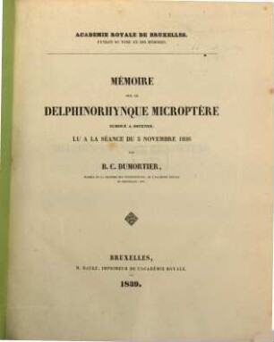 Mémoire sur le Delpinorhynque Microptère échoué a Ostende