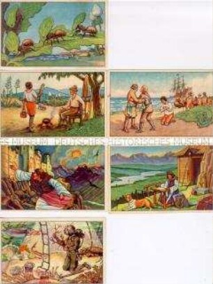 Acht Sammelbilder zu dem Album "Das schöne echte Wagner Album Nr. 3" mit Werbung für Wagner-Pflanzenmargarine